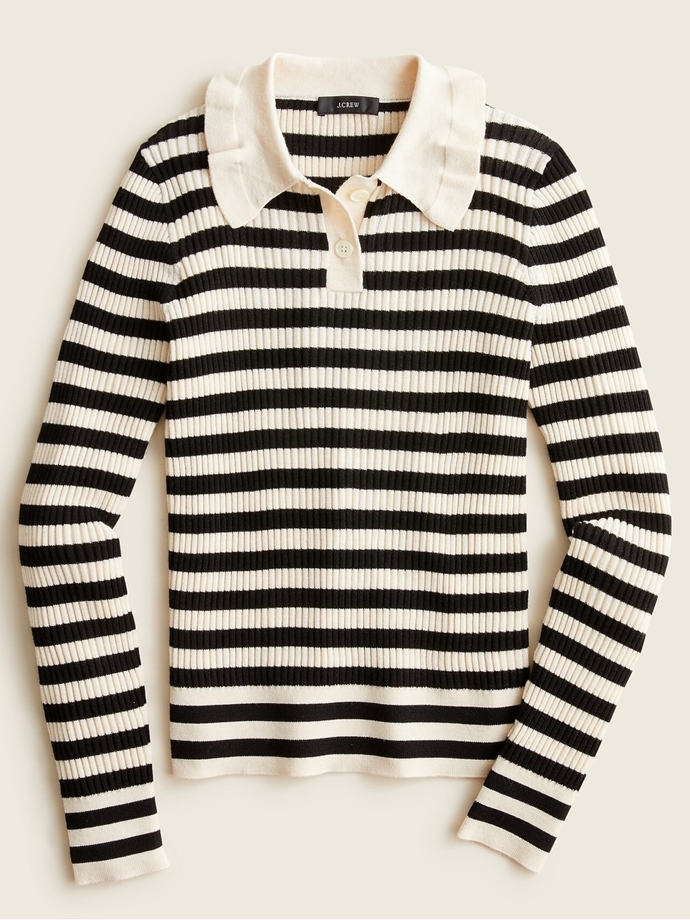 J.CREW WOMEN Ruffle Collar Ribbed Merino Wool Polo Top Stripe Size M